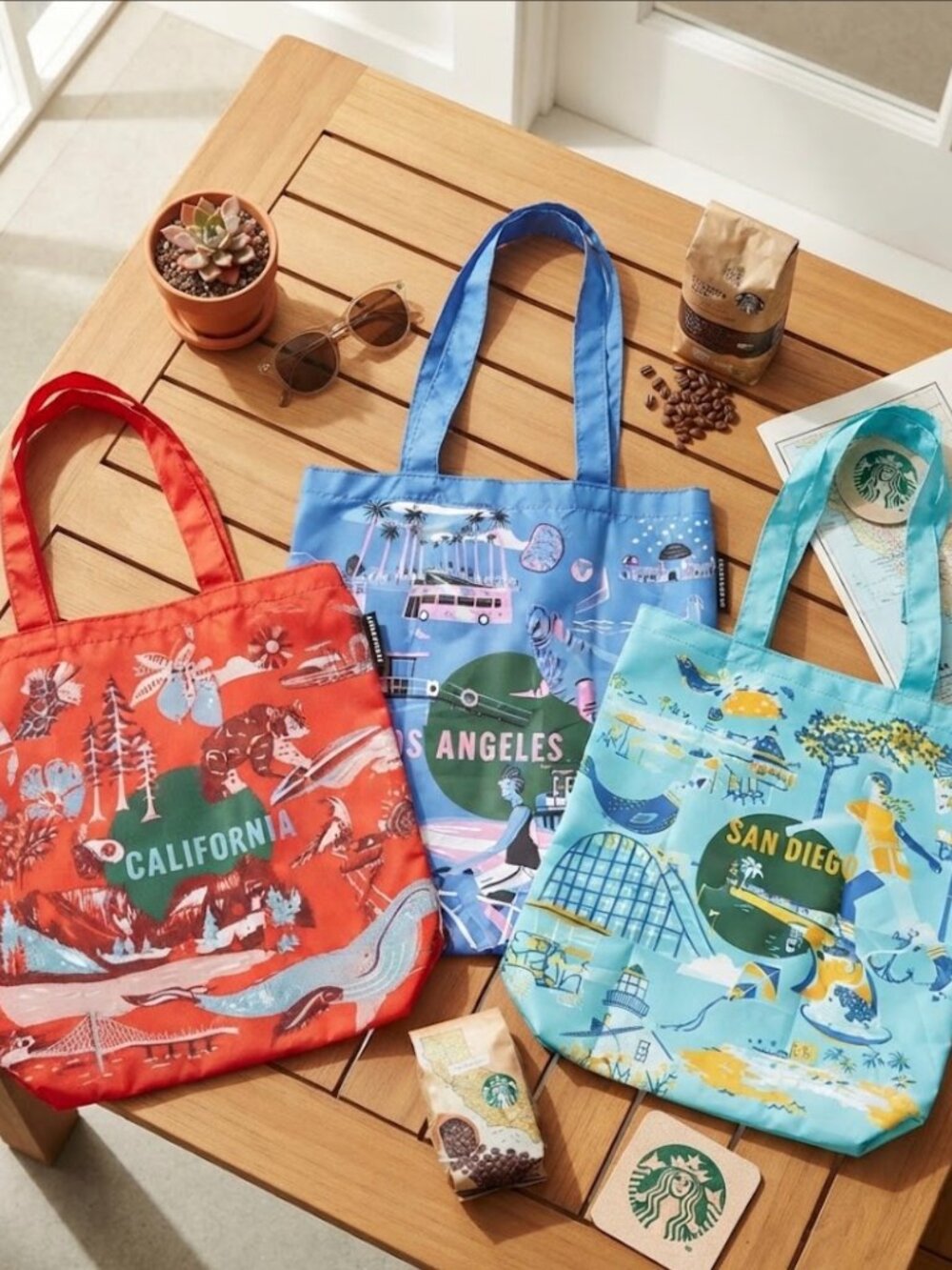 Set of 3 bags Starbucks Discovery Series Reusable Tote Bags California Los Angel